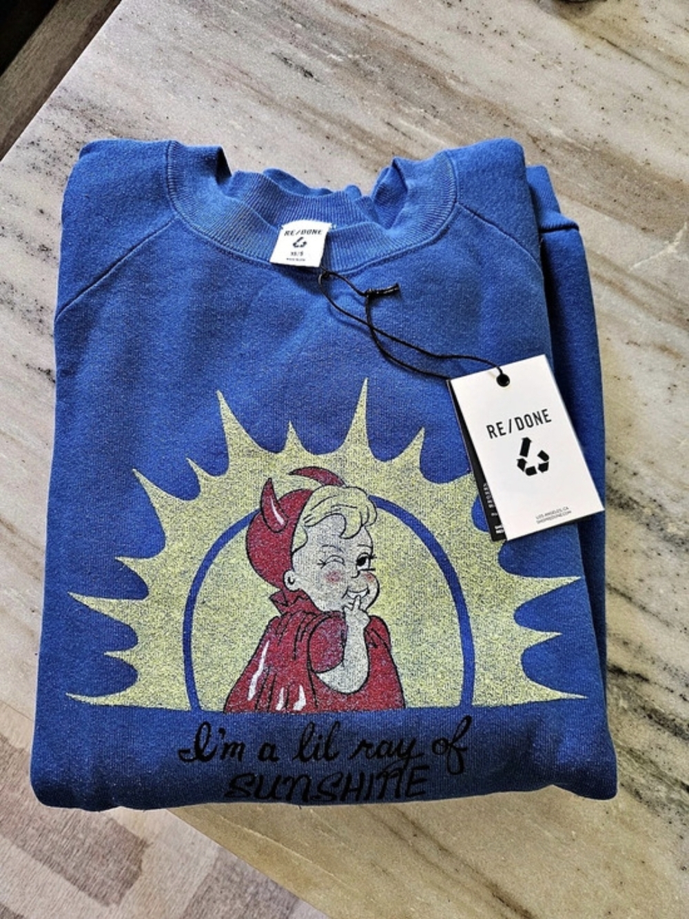 Re/Done Sunshine graphic sweatshirt Blue Cotton Sweatshirt Size S/XS NWT
